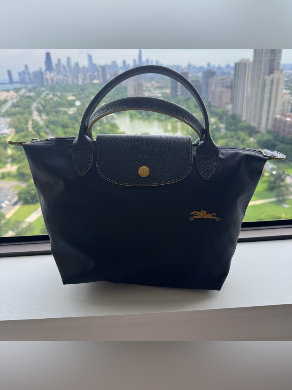 Longchamp Le Pliage Small Dark Grey and Yellow Handle Tote.  EUC